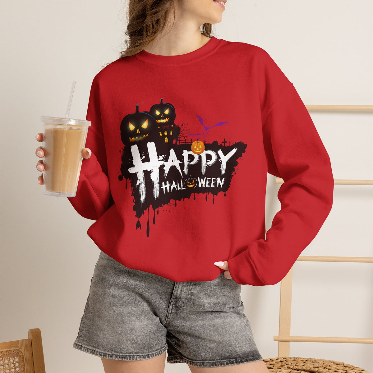 Halloween Pumpkin Crewneck Sweatshirt — "Happy Halloween" Graphic
