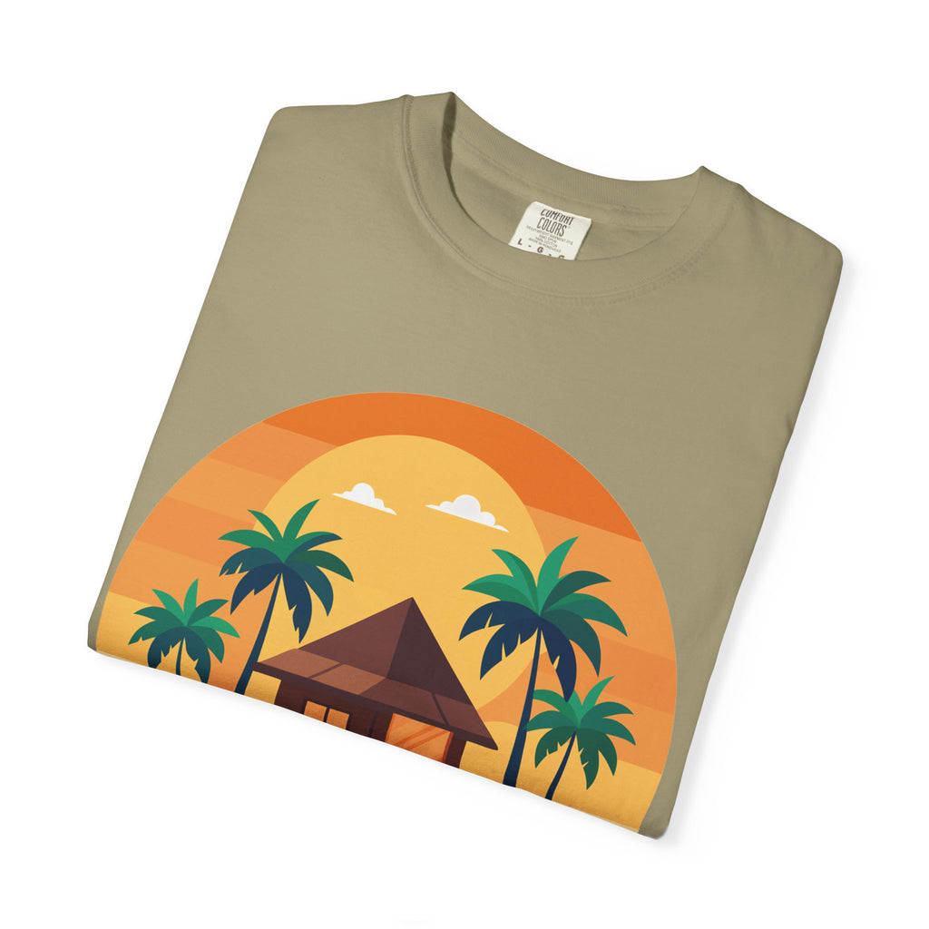 Tropical Beach Hut T-shirt | Sunset Palm Island Circle Design