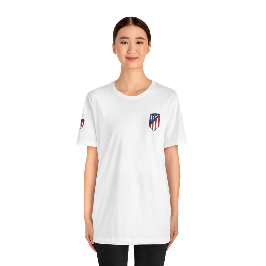 Atletico Madrid Shield T-Shirt Front Chest & Sleeve Logo Soccer Tee