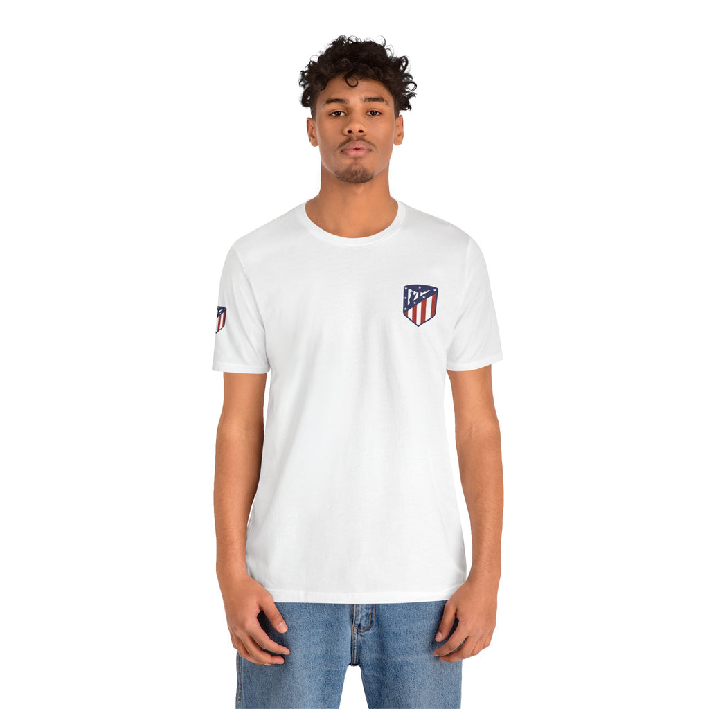 Atletico Madrid Shield T-Shirt Front Chest & Sleeve Logo Soccer Tee