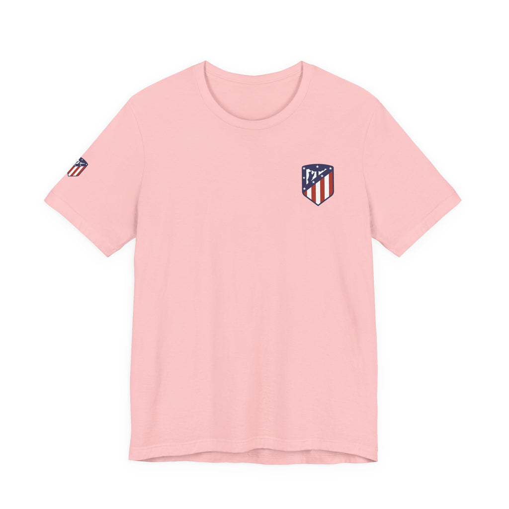 Atletico Madrid Shield T-Shirt Front Chest & Sleeve Logo Soccer Tee