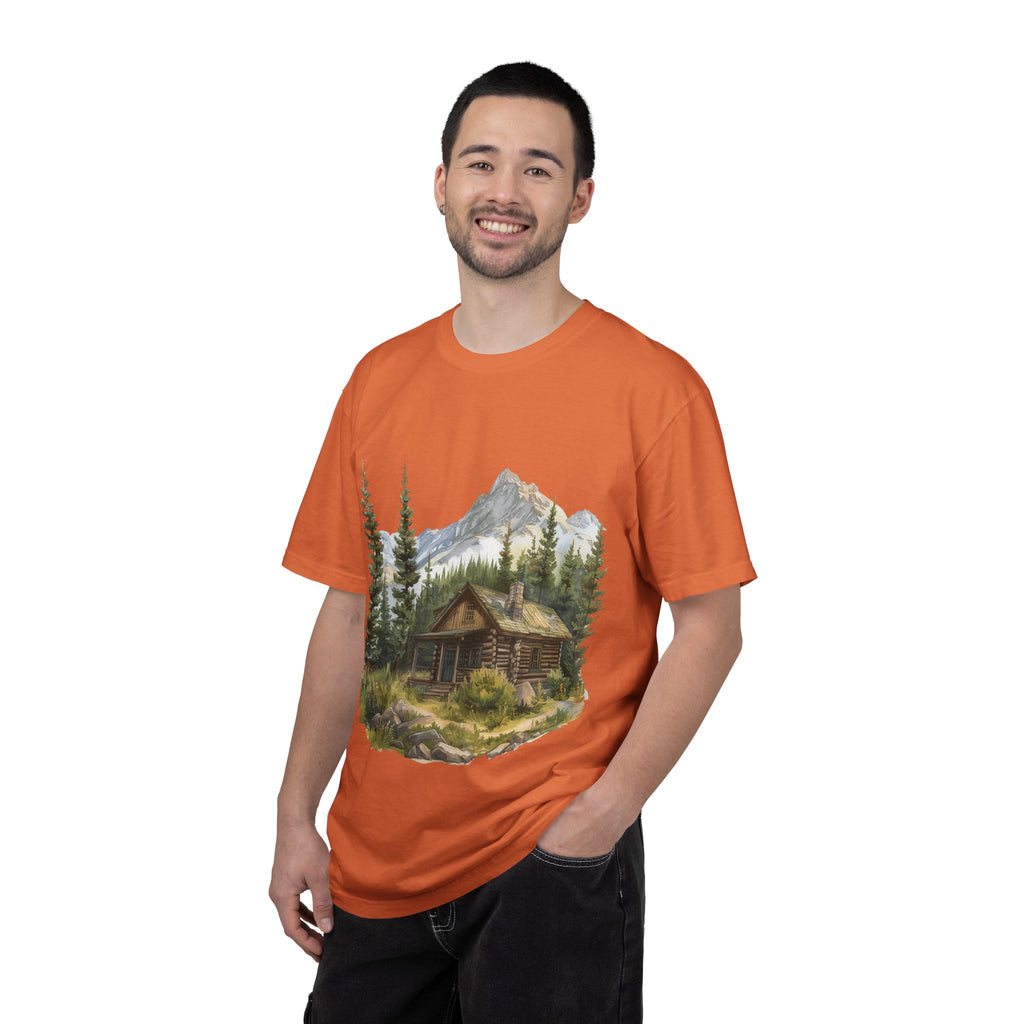 Mountain Log Cabin Illustration T-Shirt | Rustic Nature Scene