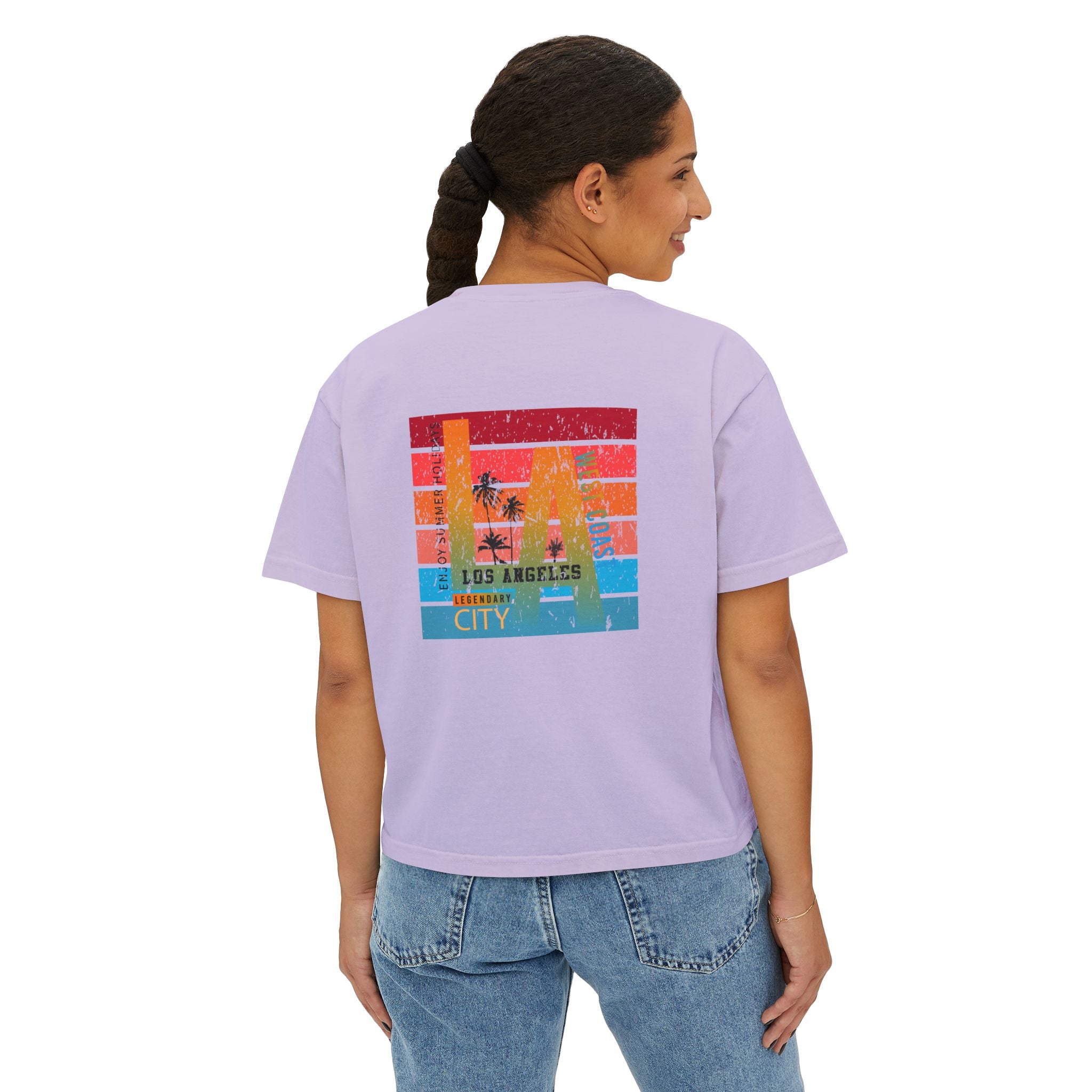 Los Angeles Sunset Women's Boxy Tee  Retro Palm Tree City Graphic