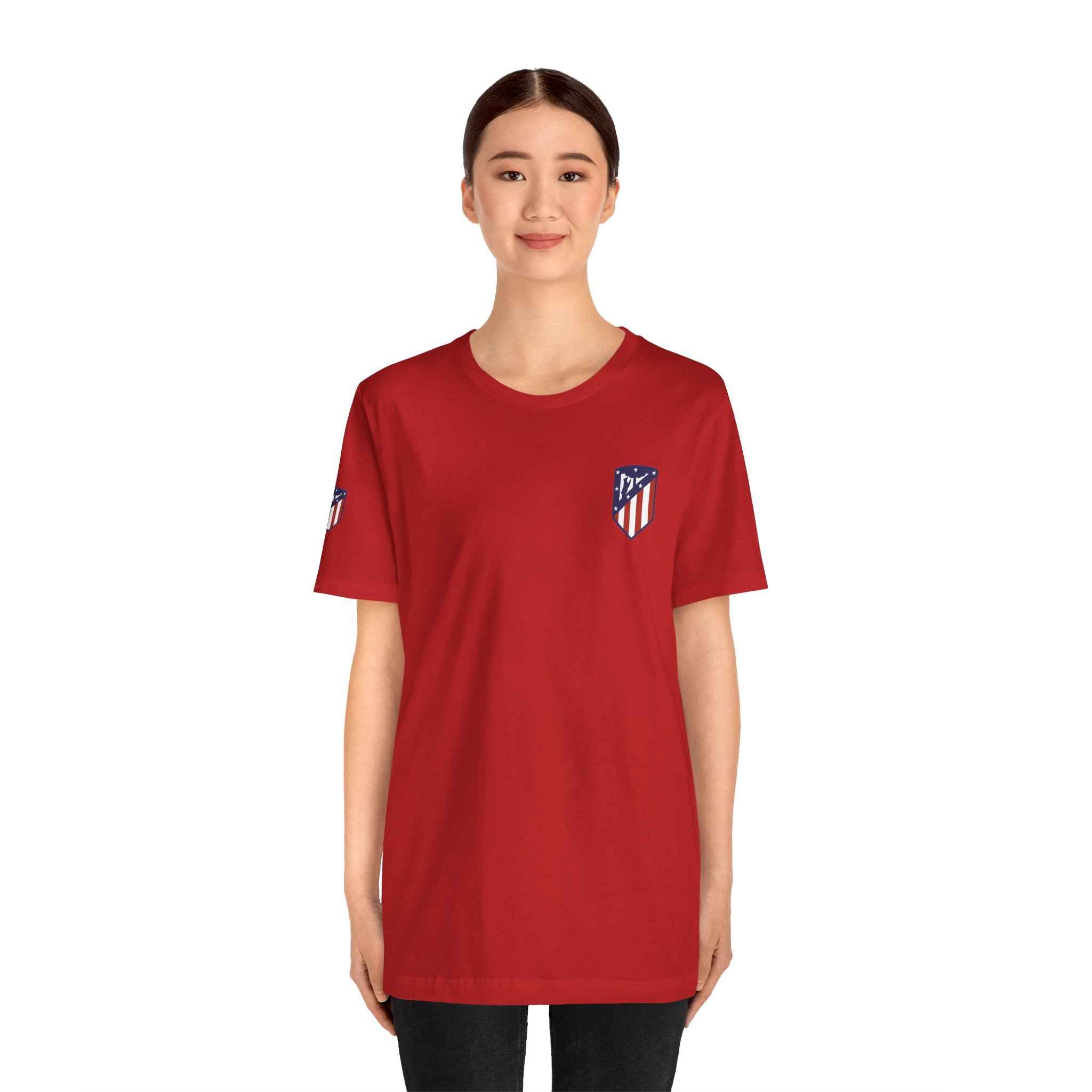 Atletico Madrid Shield T-Shirt Front Chest & Sleeve Logo Soccer Tee