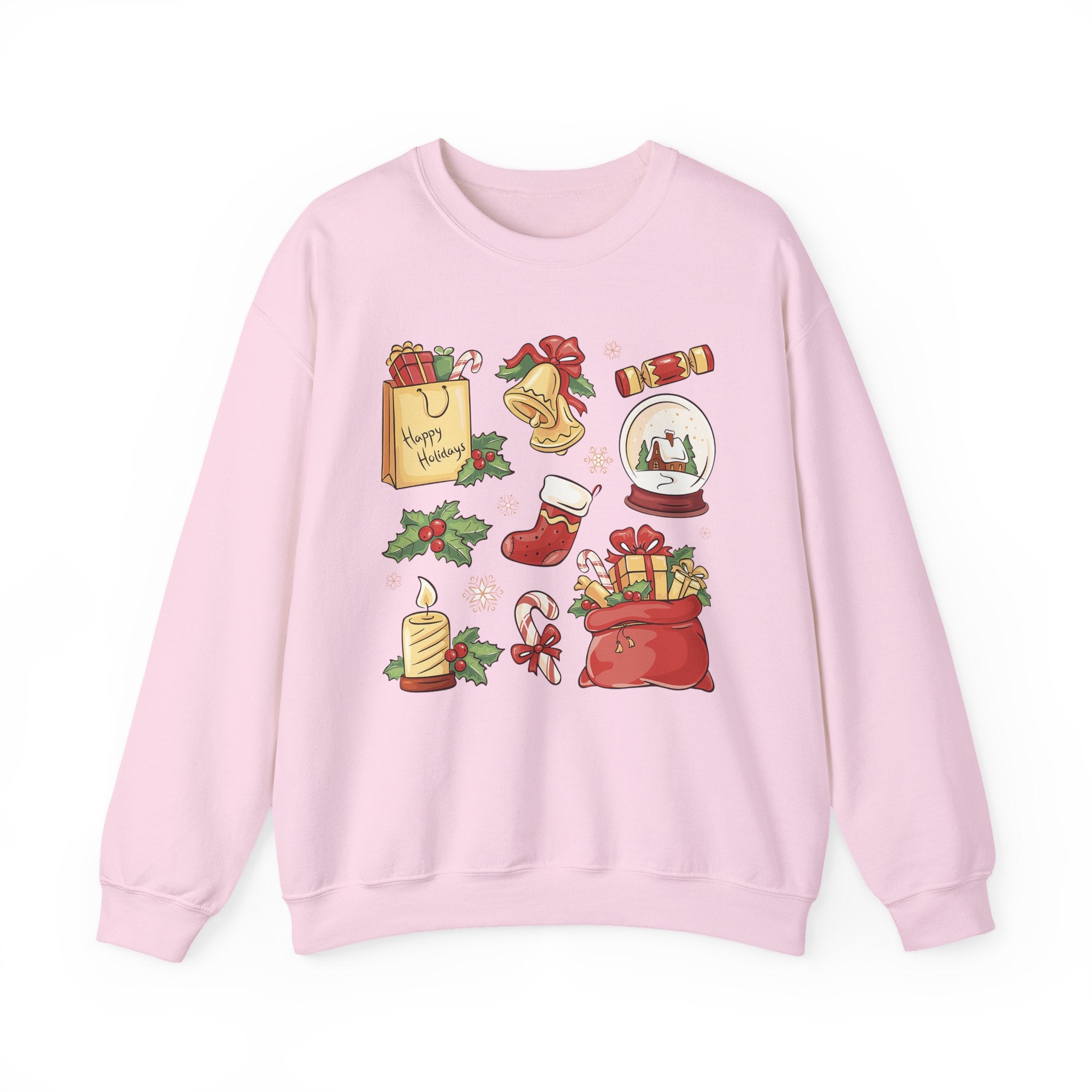 Christmas Icons collage Sweatshirt | holiday presents bell stocking snow globe