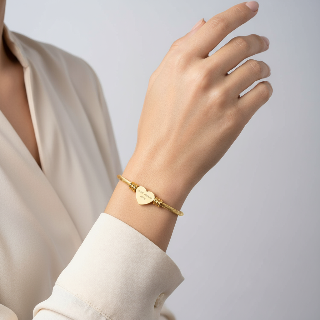 Heart Cuff Bracelet Lucky Bracelet Personalised Jewellery Gift Love, Friendship, Anniversary Valentine's Day, Engraved Bracelet