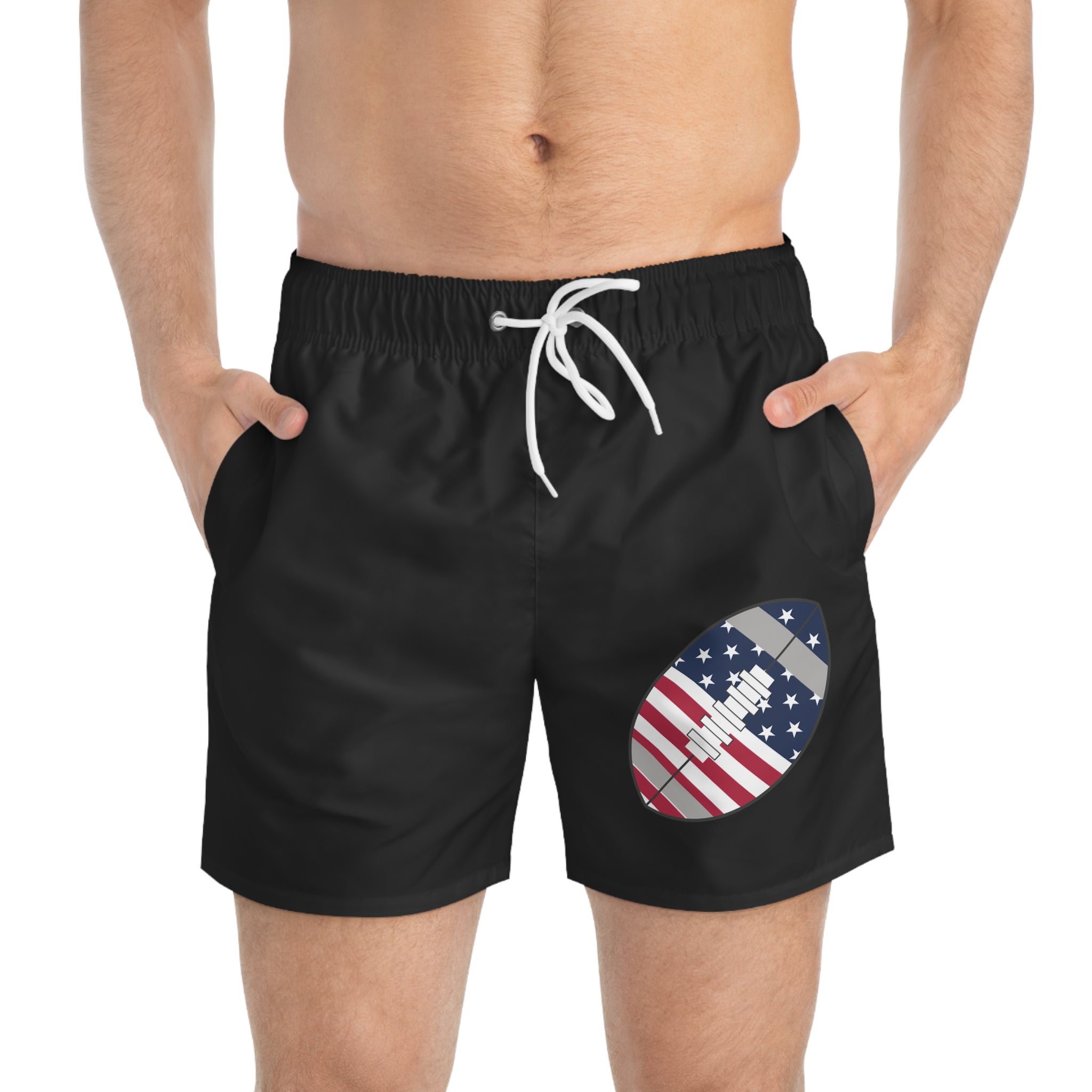 American Flag Football Swim Trunks  Patriotic Beach Shorts