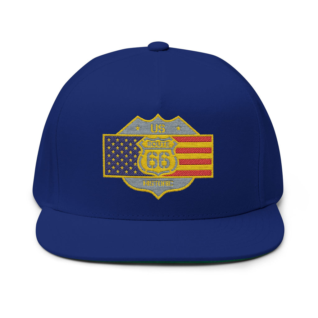 American Flag Route 66 Embroidered Flat Bill Cap