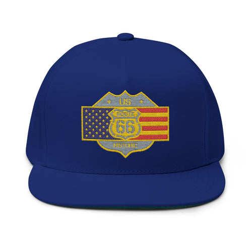 American Flag Route 66 Embroidered Flat Bill Cap