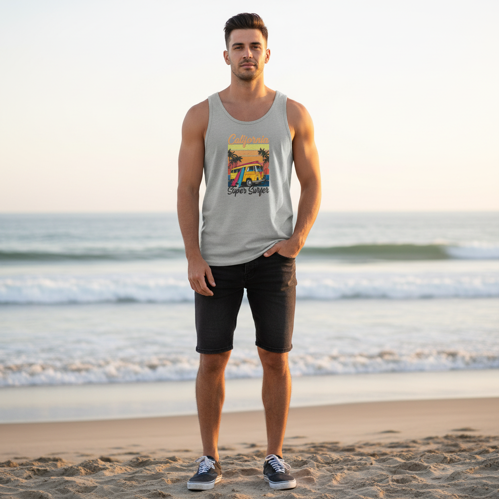California Super Surfer Tank Top  Retro Surfboard Beach Tank