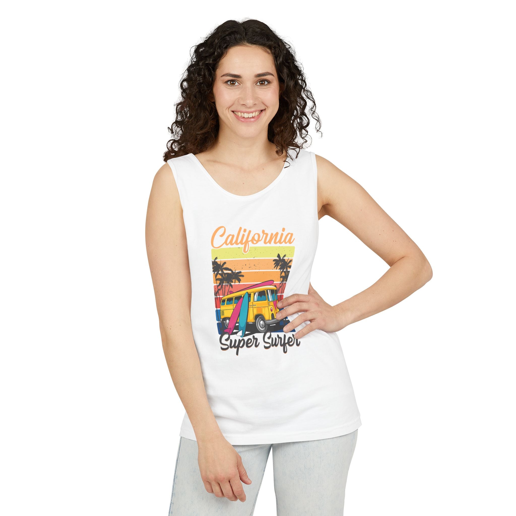 California Super Surfer Tank Top  Vintage Surf Van & Board Beach Graphic