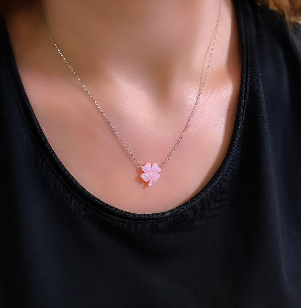 Clover luck necklace 925 sterling silver clover luck necklace (Pink)