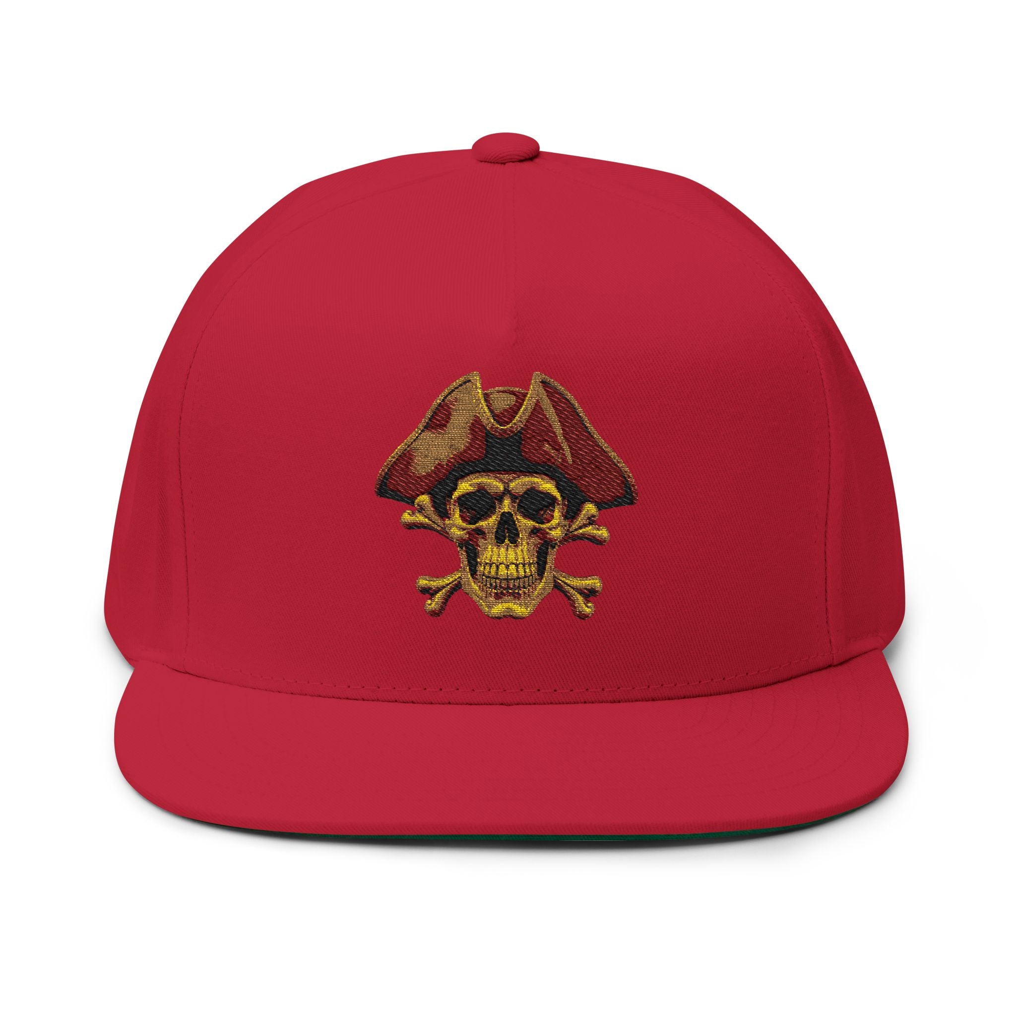 Embroidered Pirate Skull Flat Bill Cap  Gold Skull & Tricorn Hat Snapback