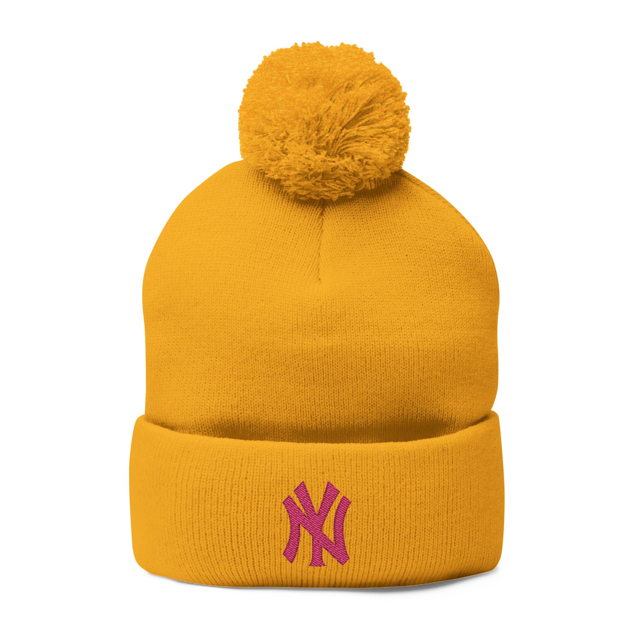 Embroidered Pom-Pom Knit Beanie — Grey Winter Hat with Pink NY Logo