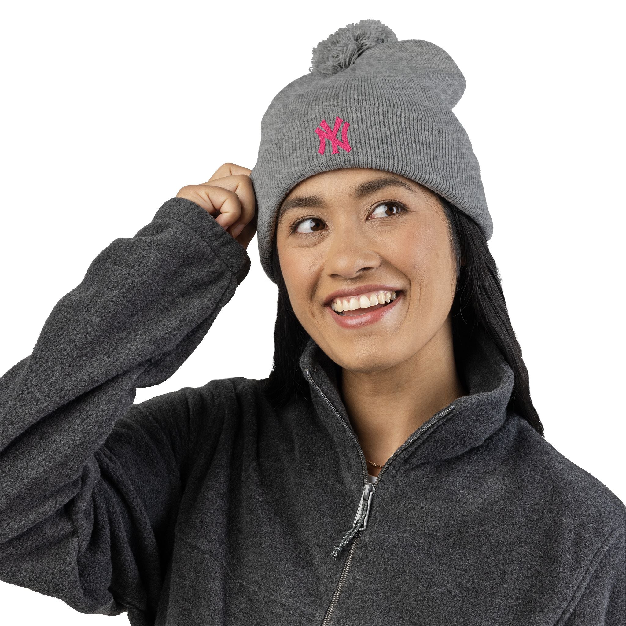 Embroidered Pom-Pom Knit Beanie — Grey Winter Hat with Pink NY Logo