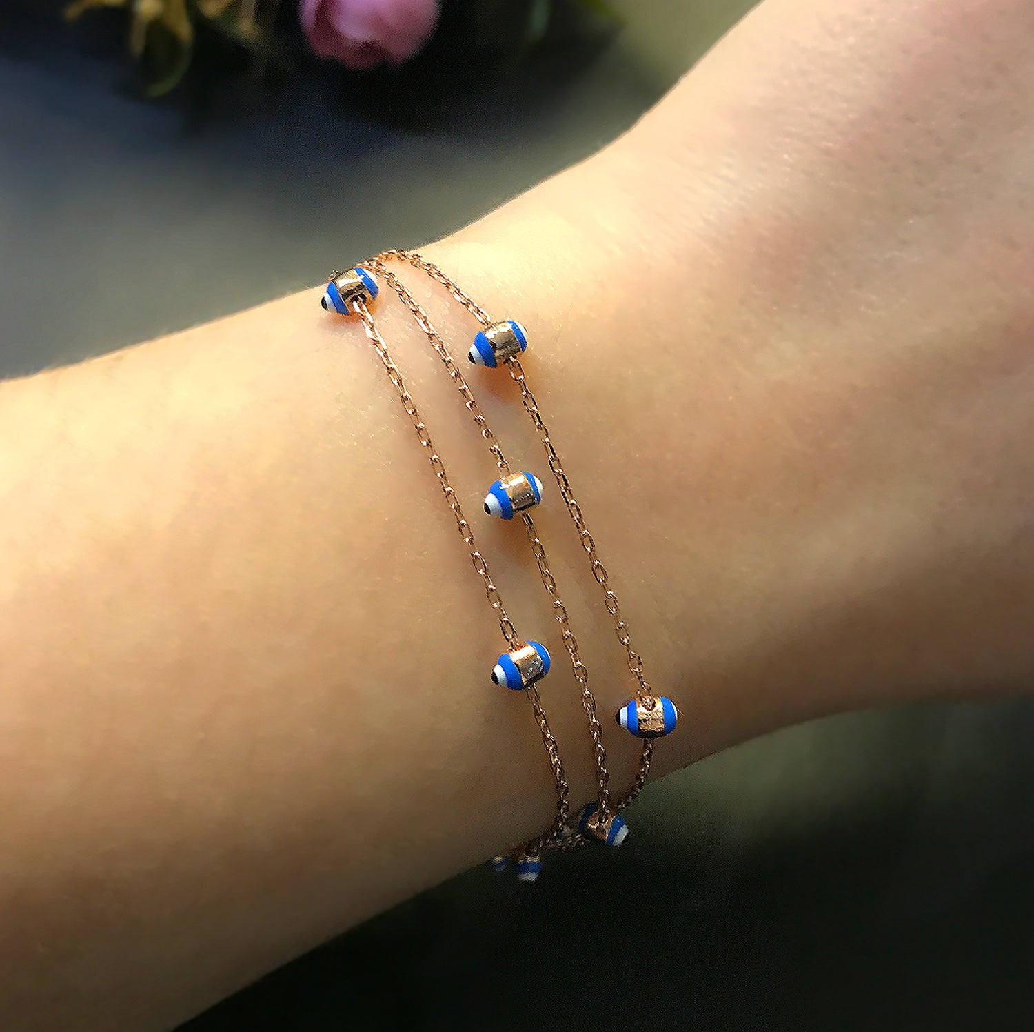 Evil eye charm silver 3-row bracelet 925 sterling rose silver bracelet 