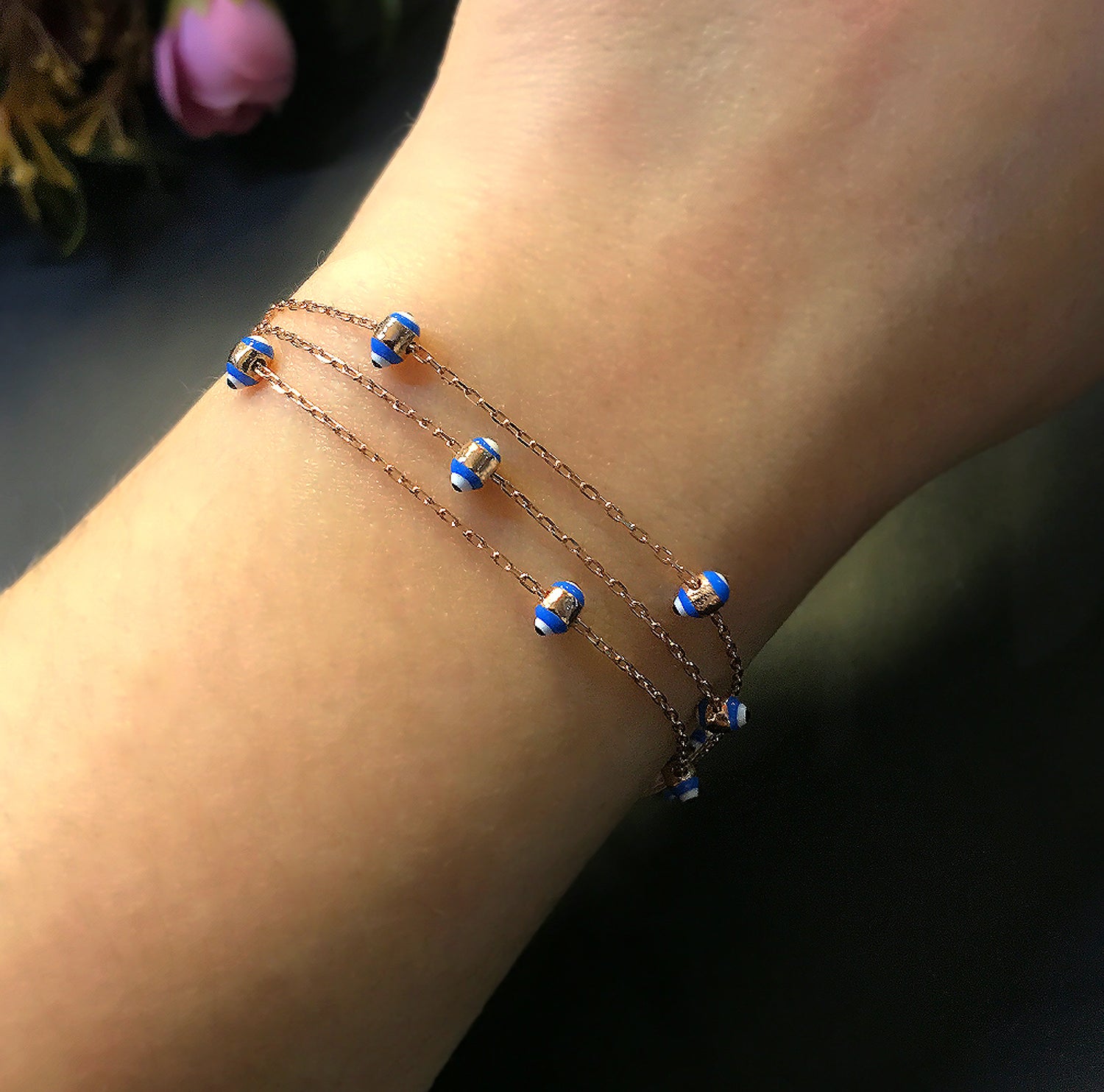 Evil eye charm silver 3-row bracelet 925 sterling rose silver bracelet 