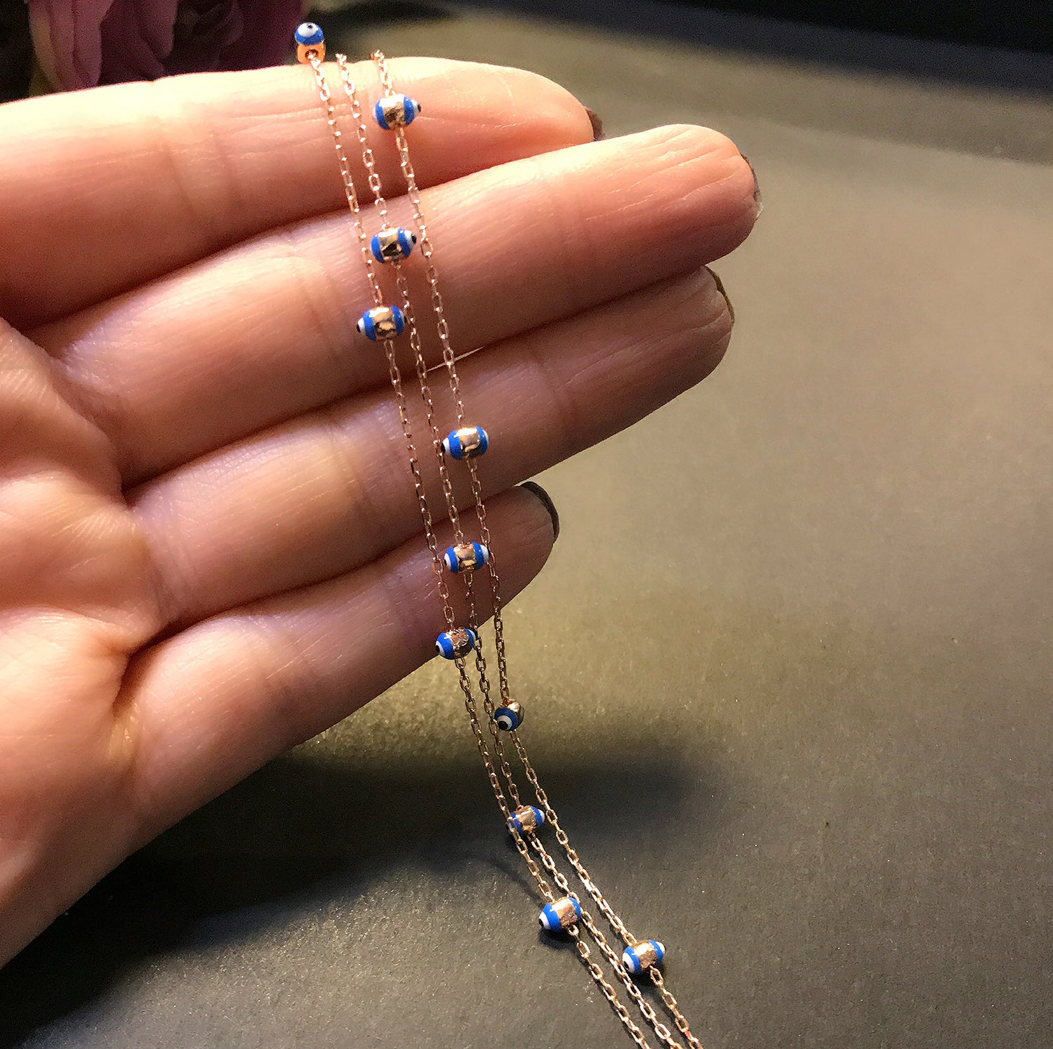 Evil eye charm silver 3-row bracelet 925 sterling rose silver bracelet 