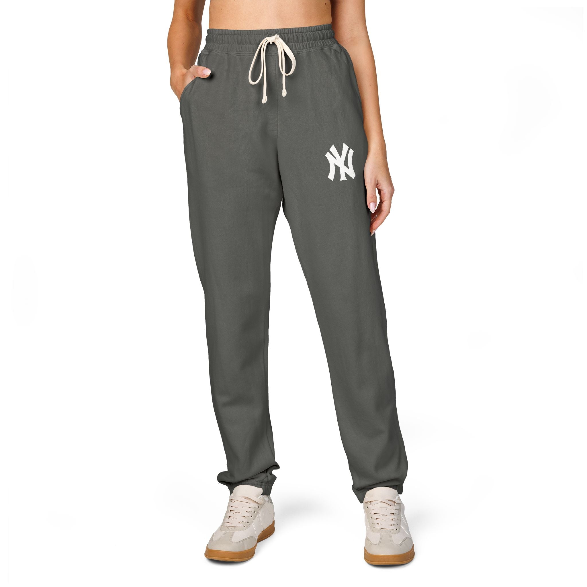 Fleece Sweatpants Vintage Washed Joggers with Distressed NY Logo