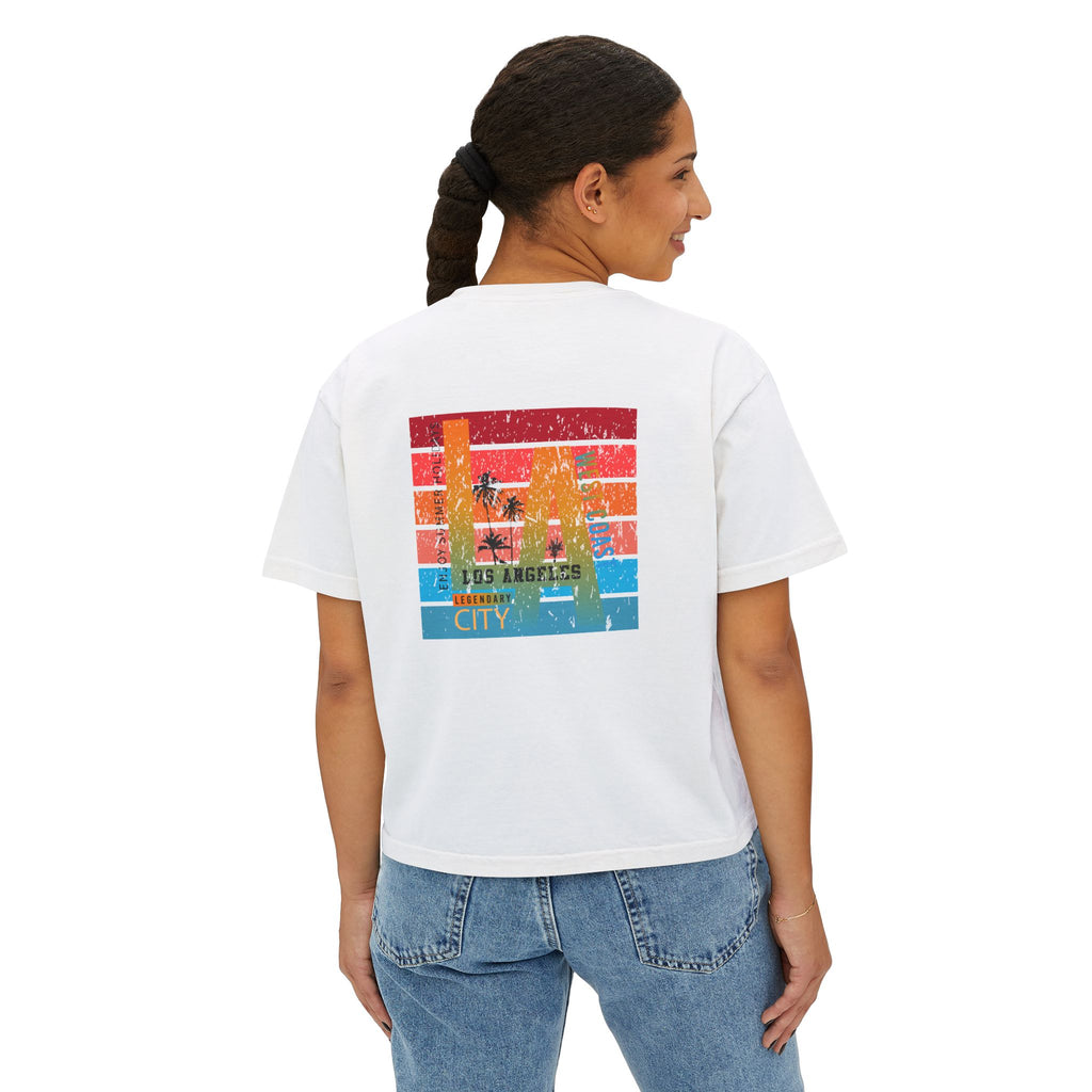 Los Angeles Sunset Women's Boxy Tee  Retro Palm Tree City Graphic