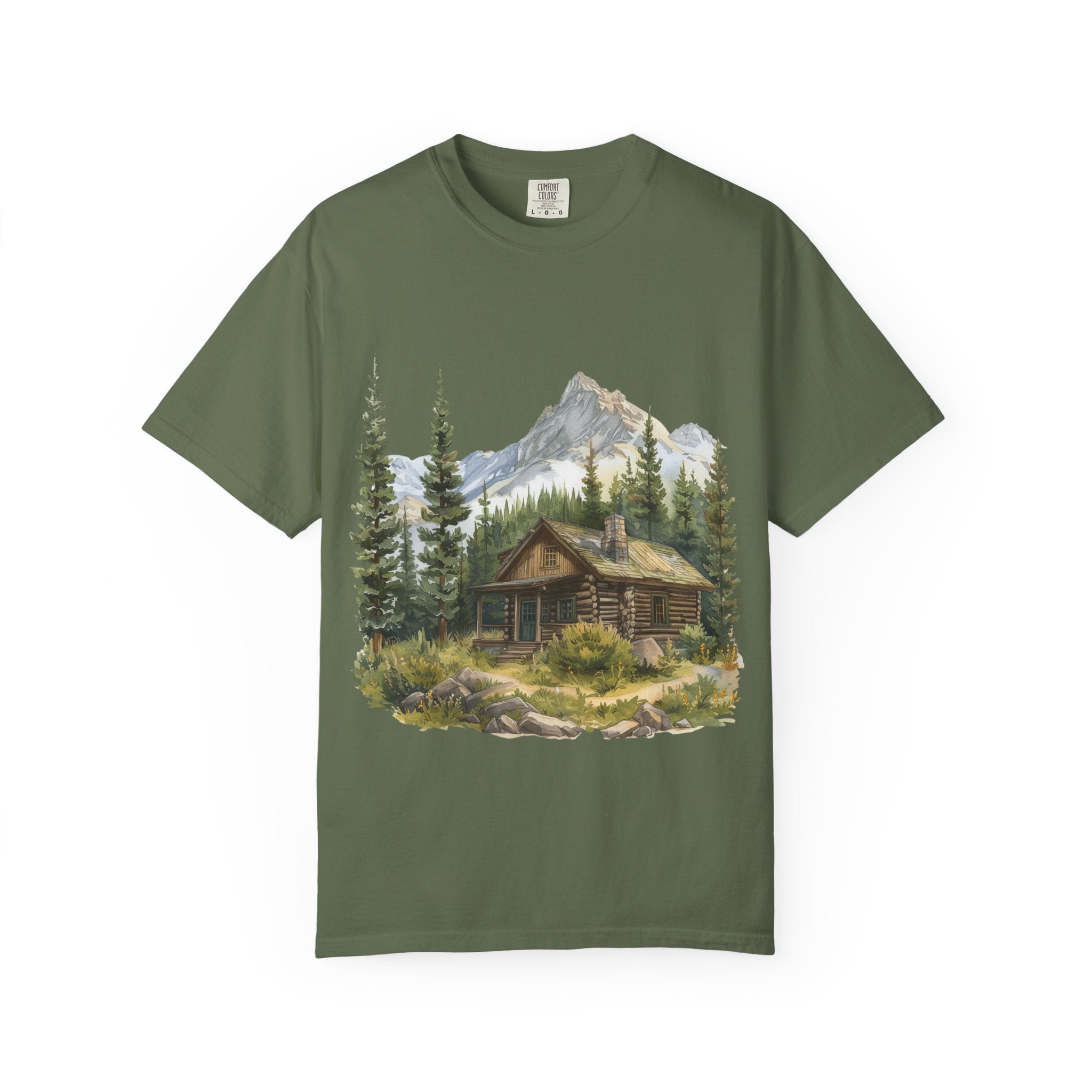 Mountain Log Cabin Illustration T-Shirt | Rustic Nature Scene
