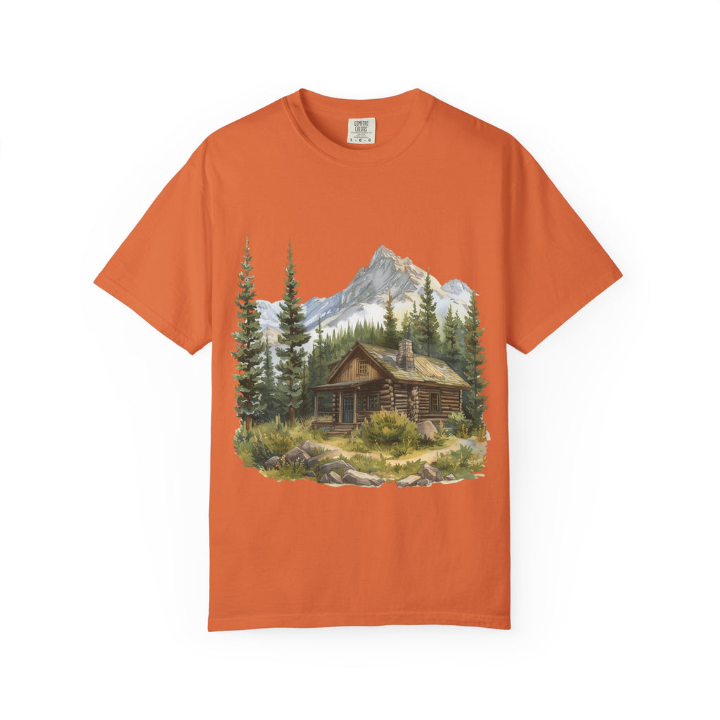 Mountain Log Cabin Illustration T-Shirt | Rustic Nature Scene
