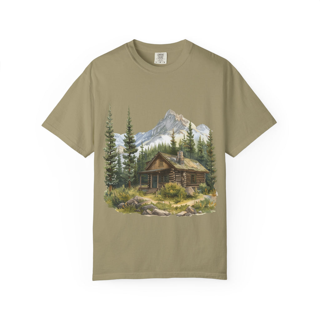 Mountain Log Cabin Illustration T-Shirt | Rustic Nature Scene