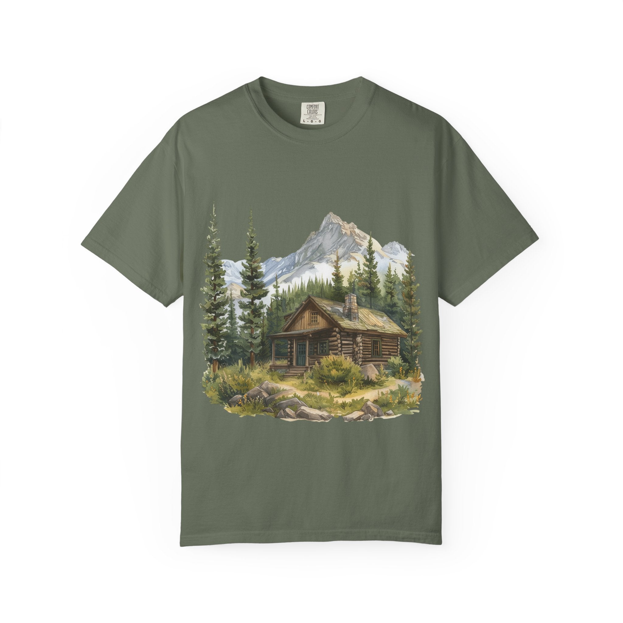 Mountain Log Cabin Illustration T-Shirt | Rustic Nature Scene