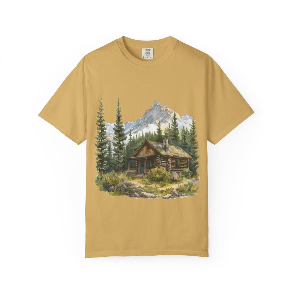 Mountain Log Cabin Illustration T-Shirt Rustic Nature Scene