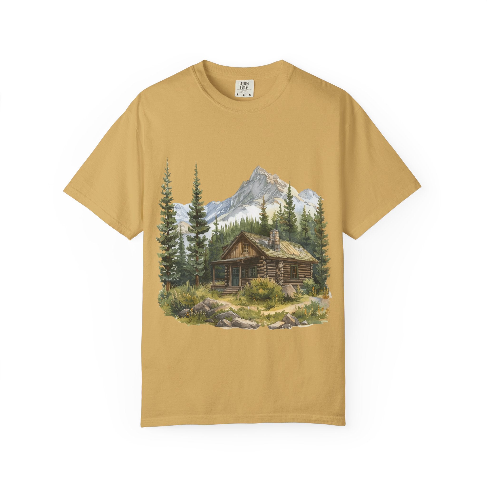 Mountain Log Cabin Illustration T-Shirt Rustic Nature Scene