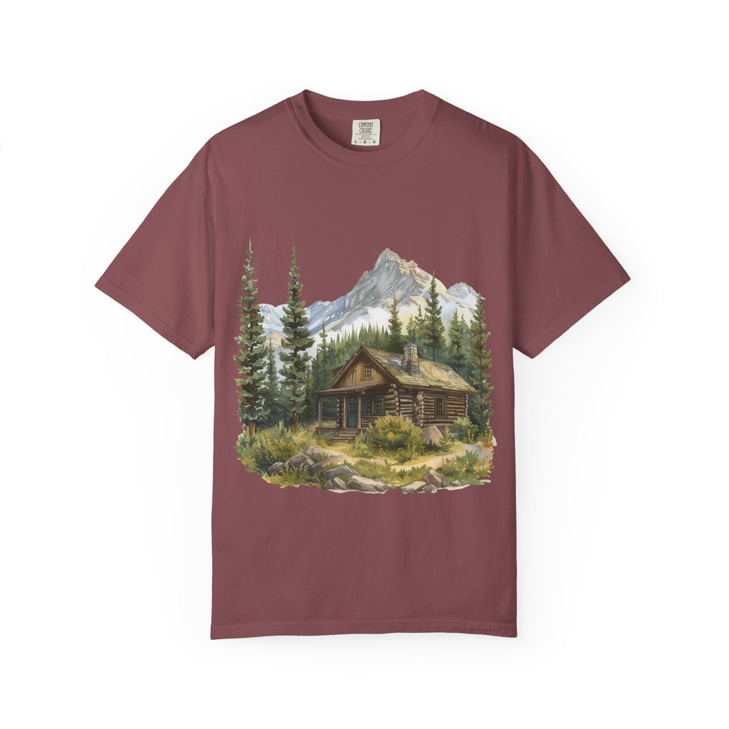 Mountain Log Cabin Illustration T-Shirt |Rustic Nature Scene