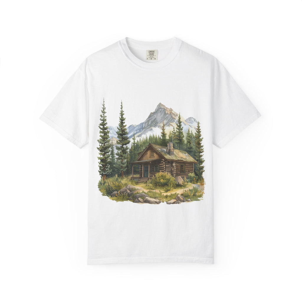 Mountain Log Cabin Illustration T-Shirt | Rustic Nature Scene