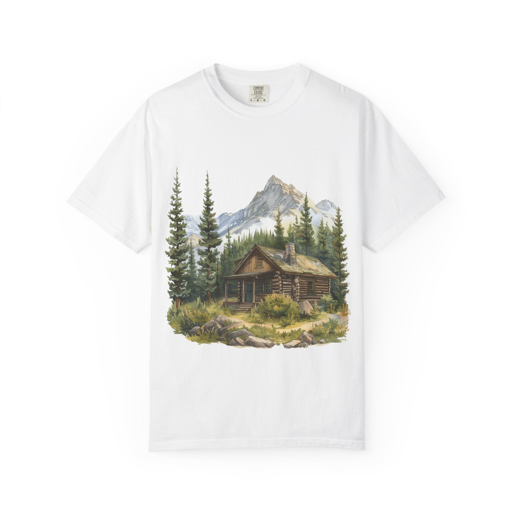 Mountain Log Cabin Illustration T-Shirt | Rustic Nature Scene