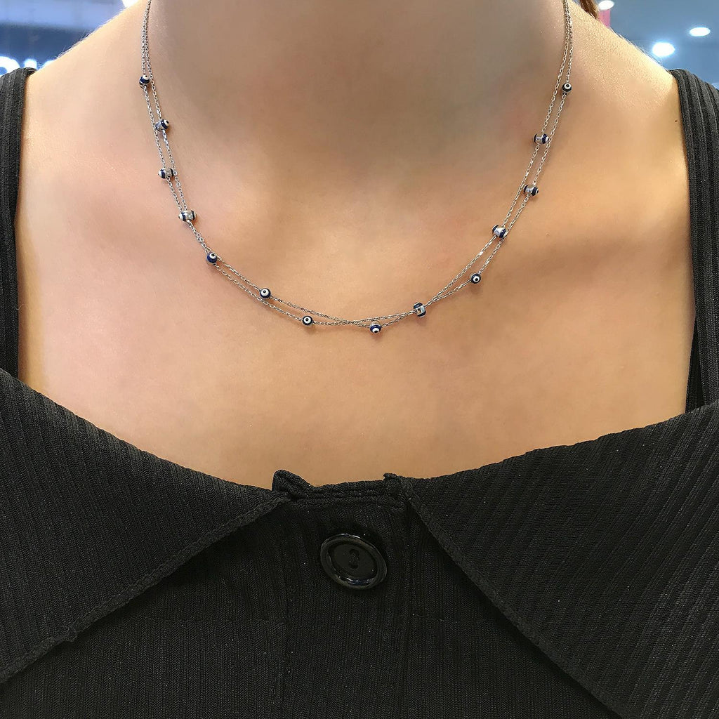 Nazar bead necklace 925 sterling silver 2-row necklace