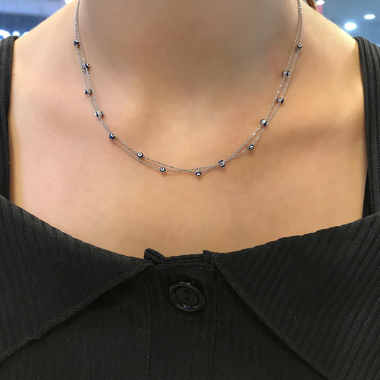 Nazar bead necklace 925 sterling silver 2-row necklace