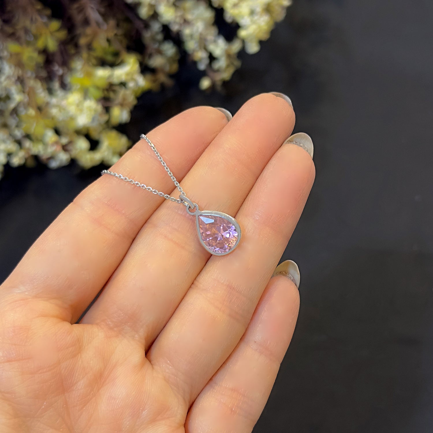 Pink drop quartz necklace 925 sterling silver pink drop necklace