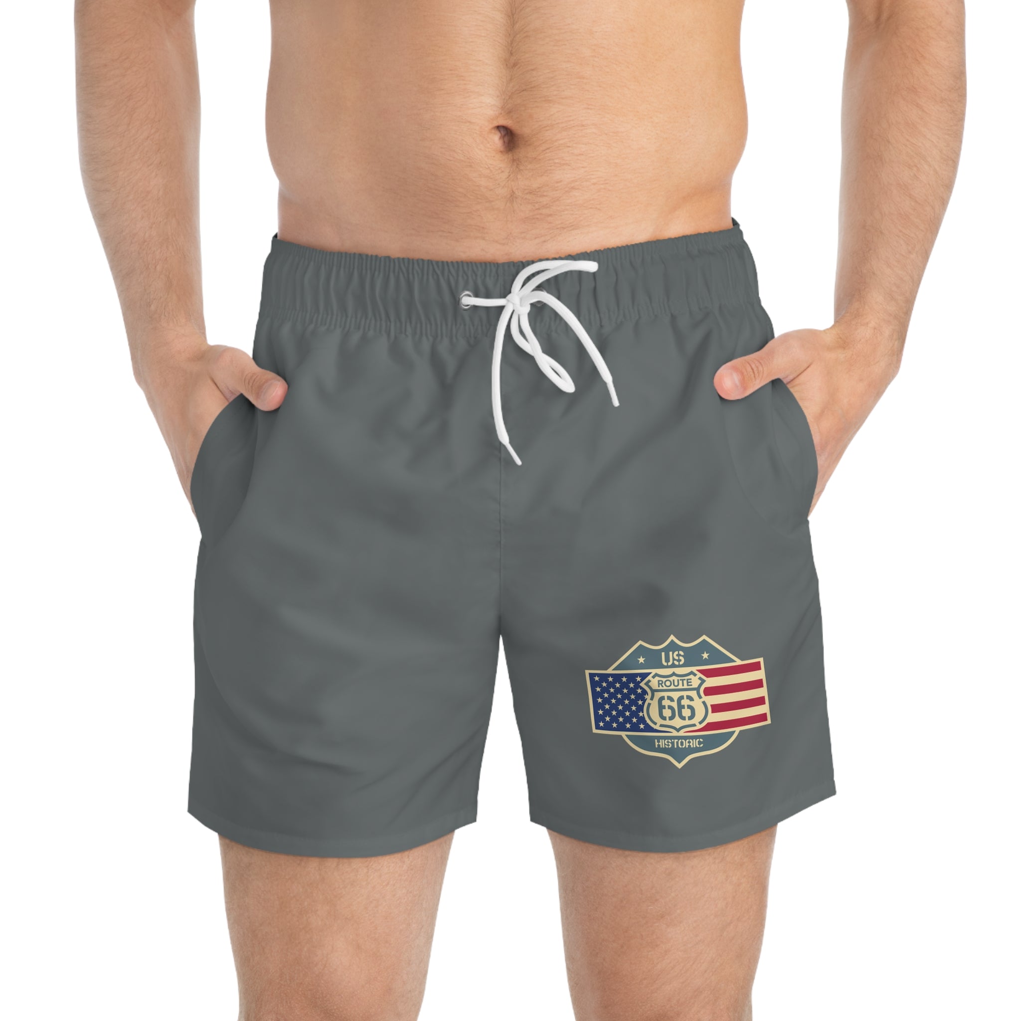 Route 66 American Flag Swim Trunks  Vintage USA Beach Shorts