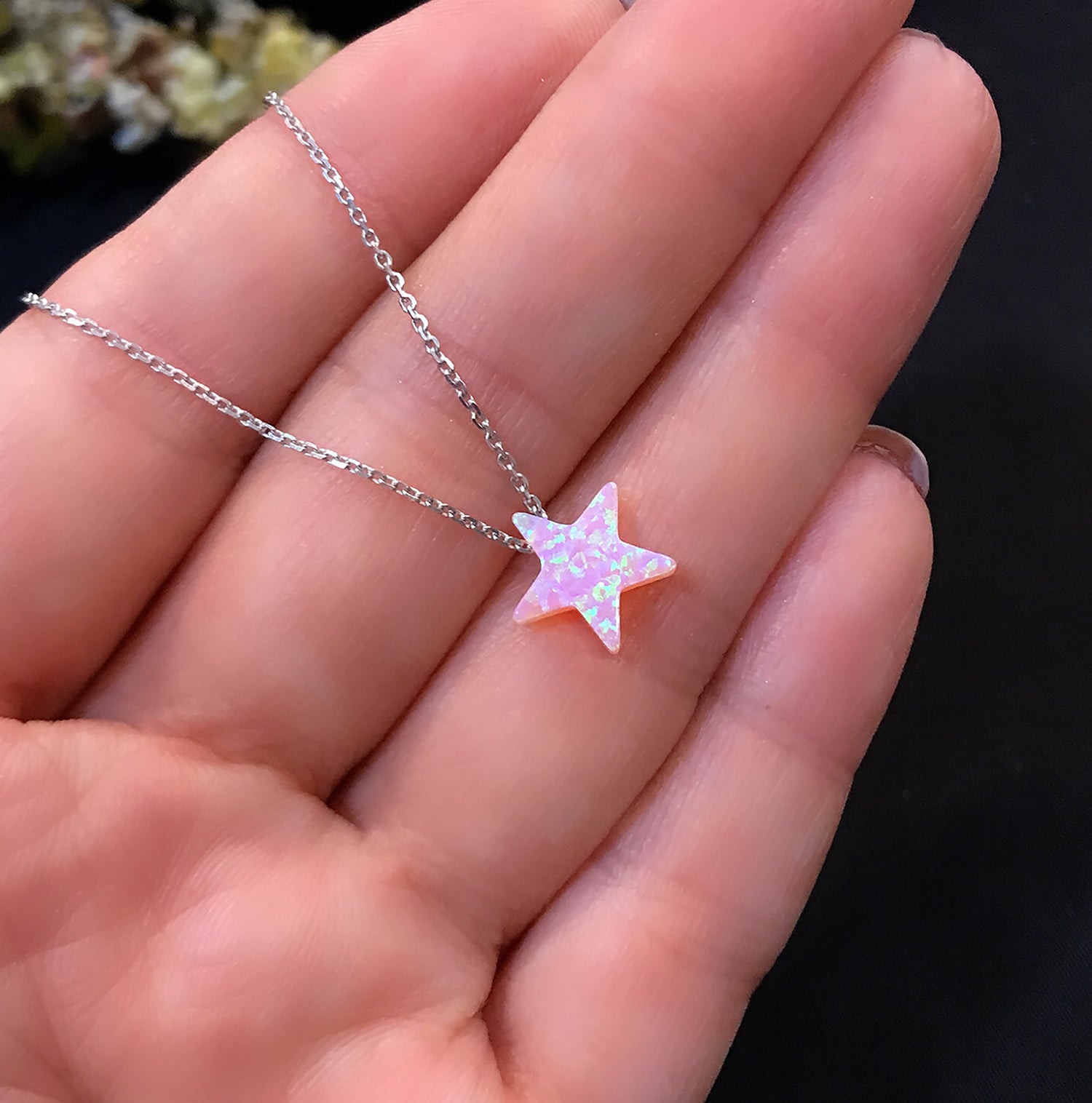 Star necklace 925 sterling silver star necklace opal-pink