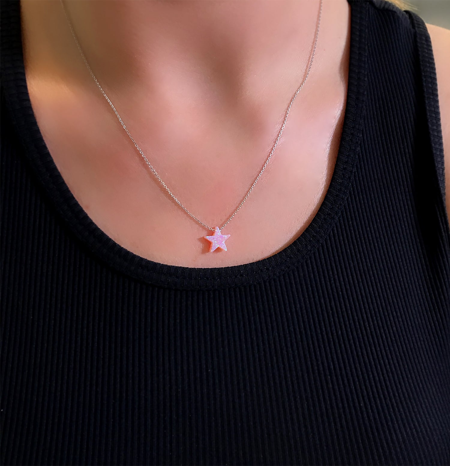 Star necklace 925 sterling silver star necklace opal pink