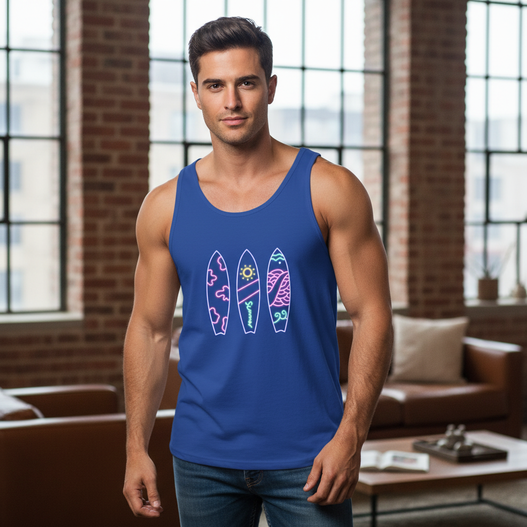 Surfboard Tank Top  Beach Vibes Summer Tank with Colorful Surfboard Design