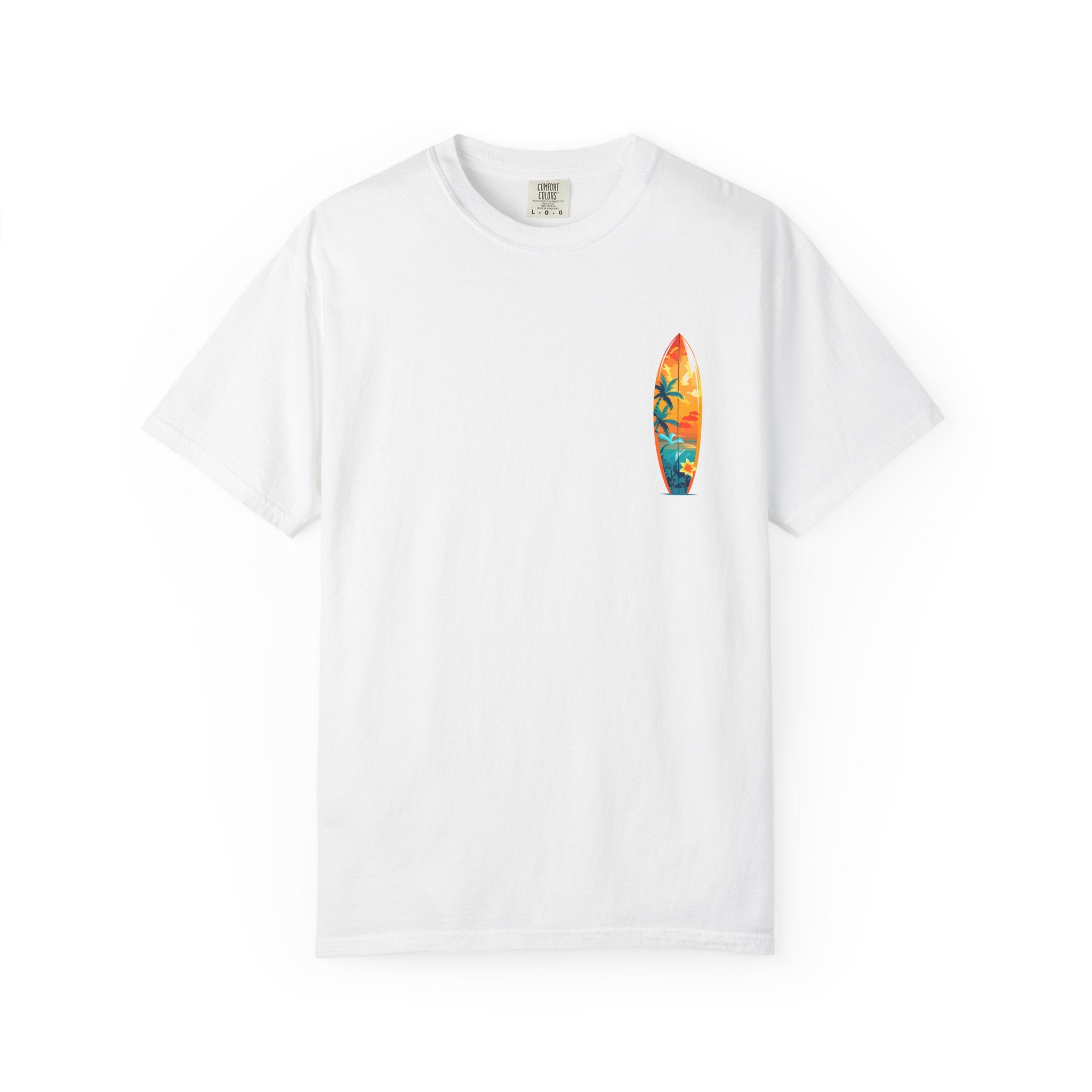 Surfing Tropical Board T-Shirt Beach Vibes Tee with Colorful Surfboard Design