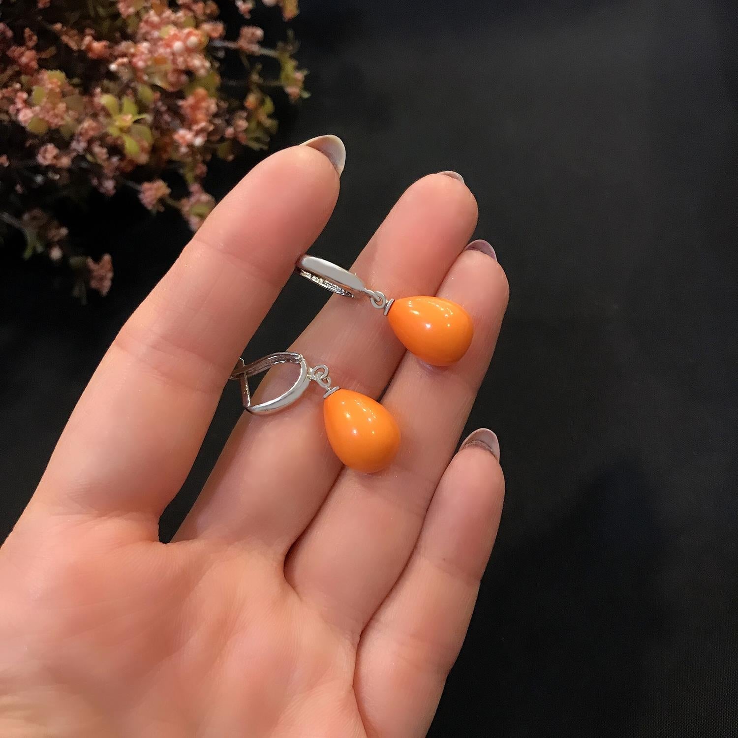 Teardrop shaped coral natural stone 925 sterling silver earrings
