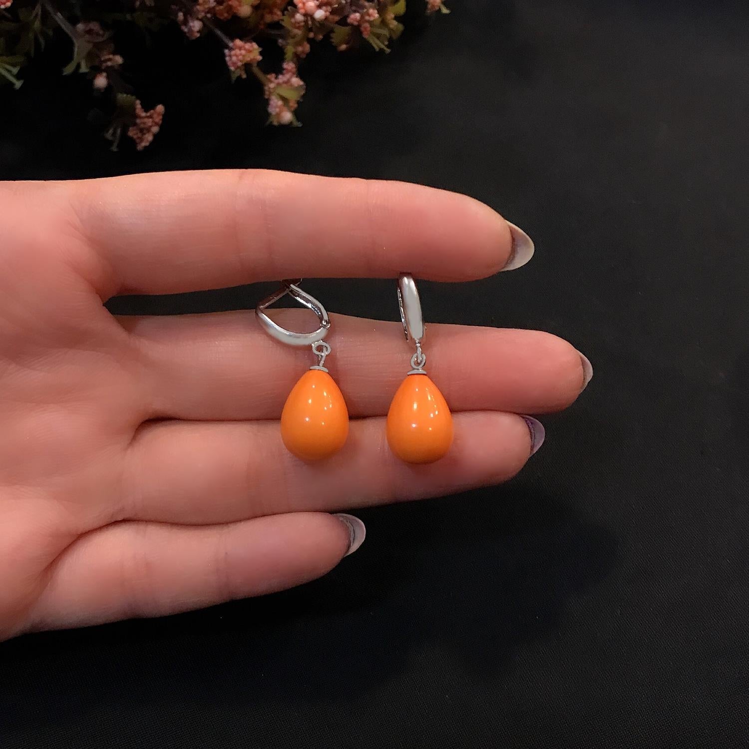 Teardrop shaped coral natural stone 925 sterling silver earrings