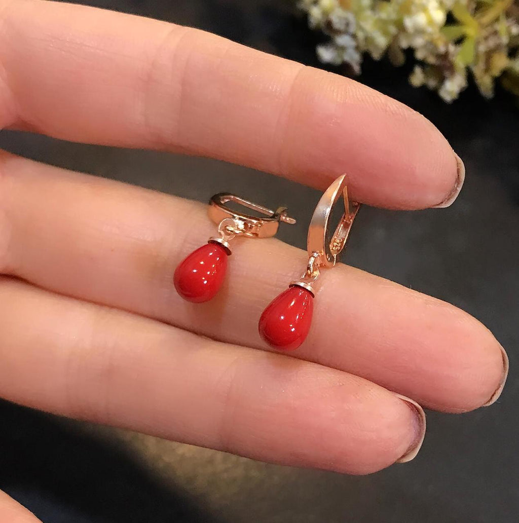 Teardrop shaped coral natural stone 925 sterling silver earrings