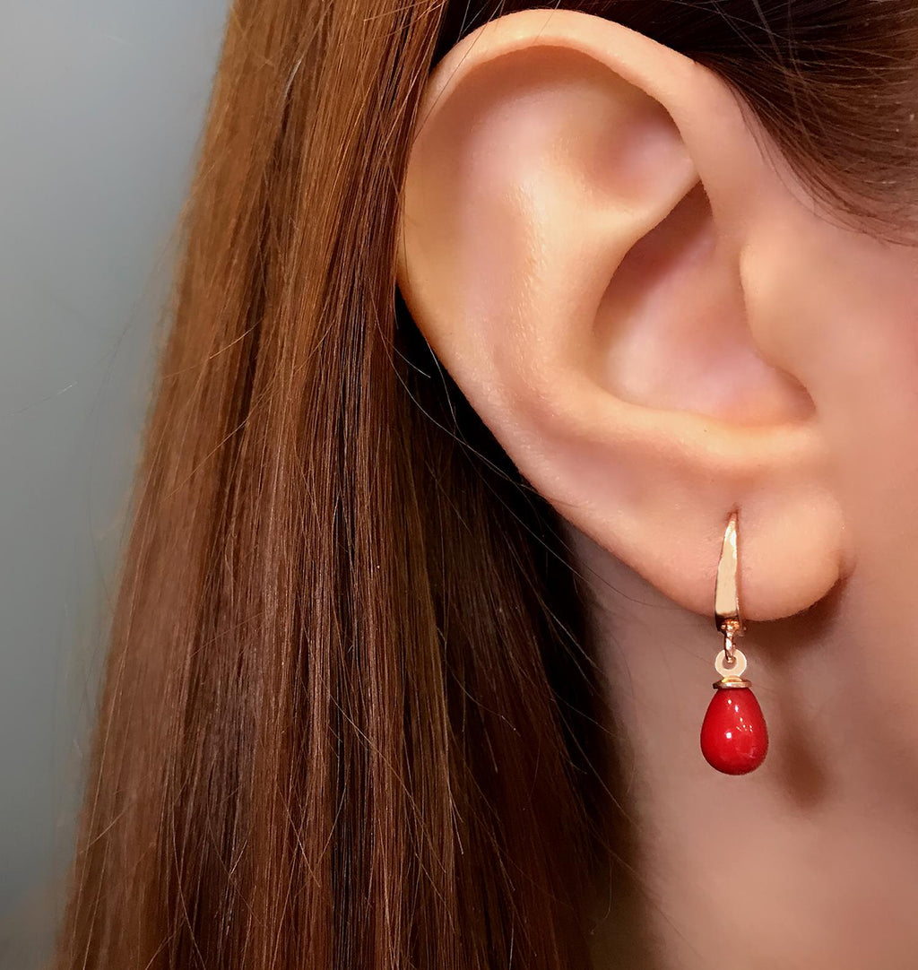 Teardrop shaped coral natural stone 925 sterling silver earrings