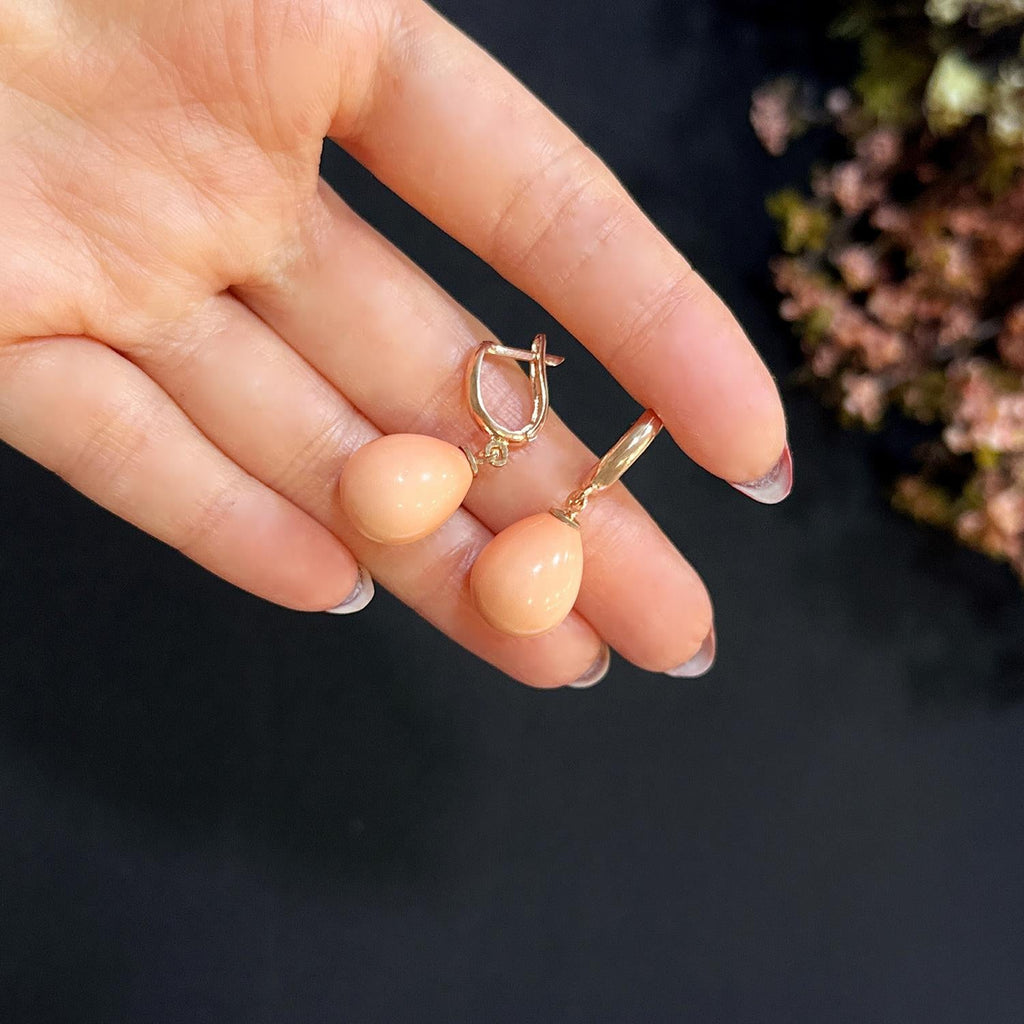 Teardrop shaped coral natural stone 925 sterling silver earrings