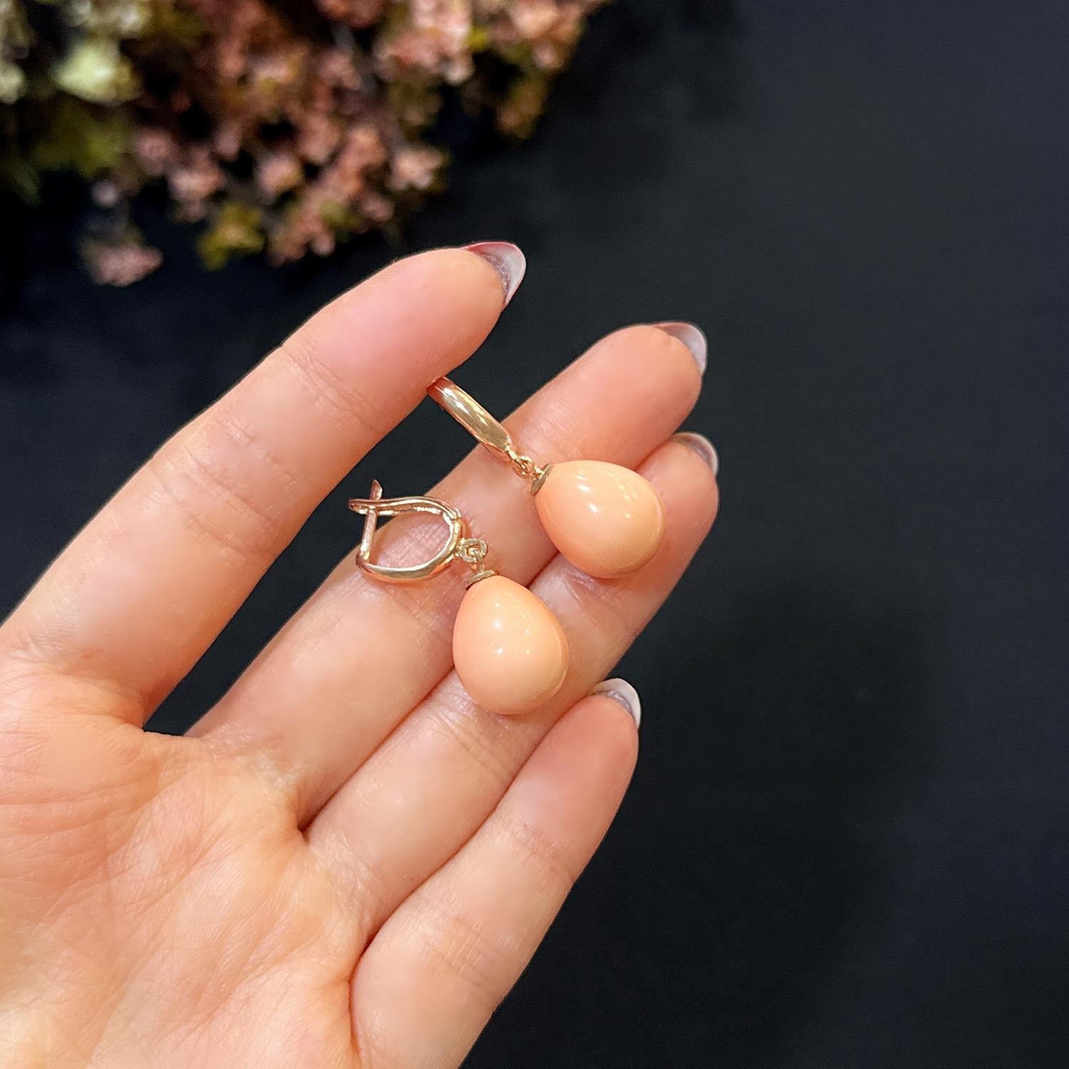 Teardrop shaped coral natural stone 925 sterling silver earrings