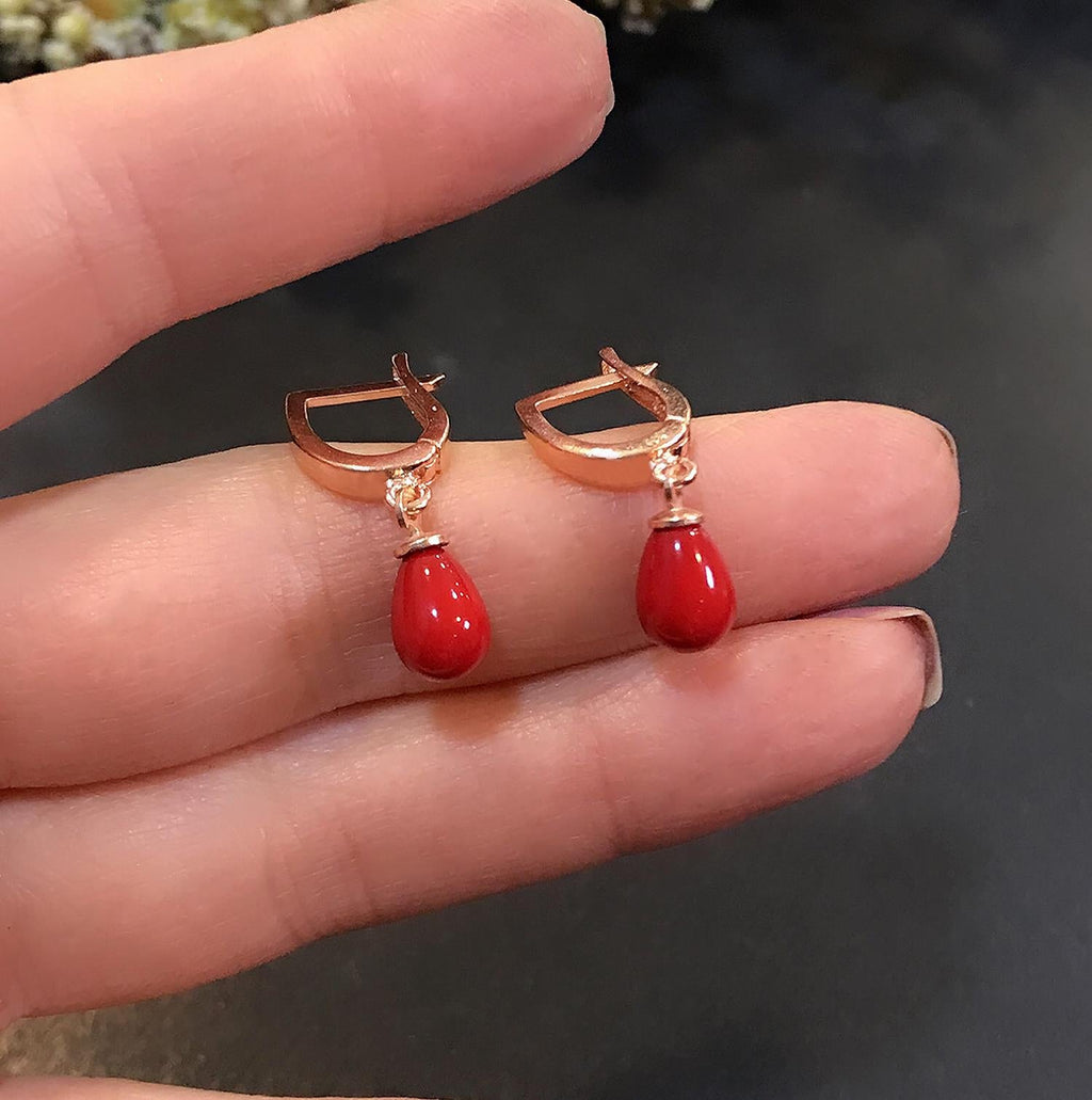 Teardrop shaped coral natural stone 925 sterling silver earrings