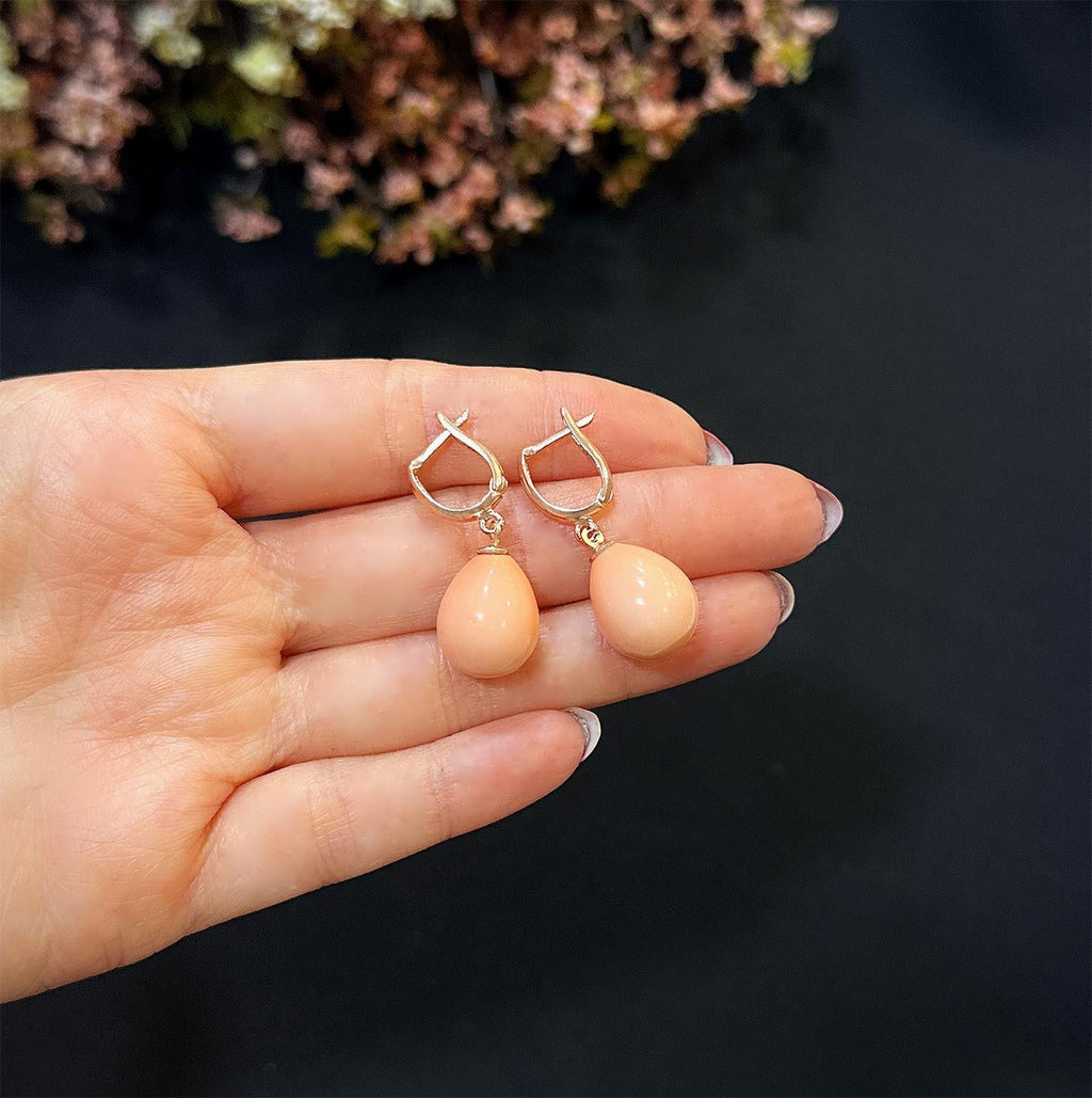 Teardrop shaped coral natural stone 925 sterling silver earrings