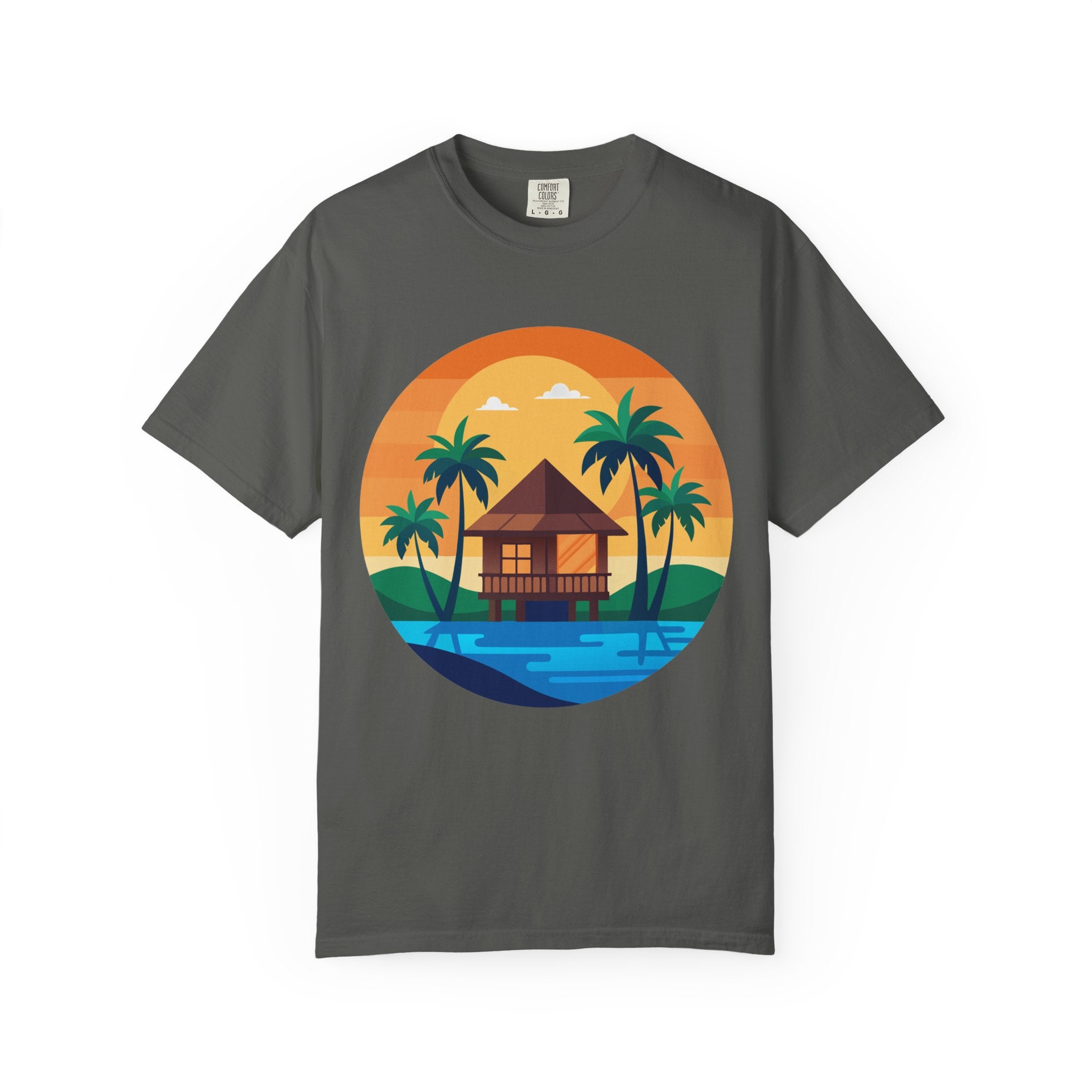 Tropical Beach Hut T-shirt | Sunset Palm Island Circle Design